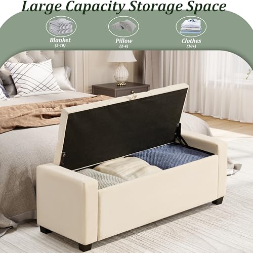 Ottoman with Storage,Tufted Storage Bench with Safety Hinge,Holds up to 350 lb,Upholstered Bench with Seating for Bedroom, Living Room,Entryway,Linen Beige