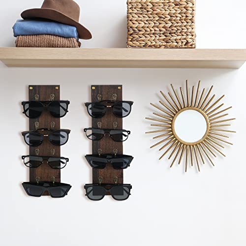 Set of 2 Rustic Mounted Sunglasses Storage Organizer Wood Eyeglasses Holder Sunglass Rack Eyeglasses Display Rack with Metal Hooks Glasses Wall Decor Hanging Jewelry Organizers for Home