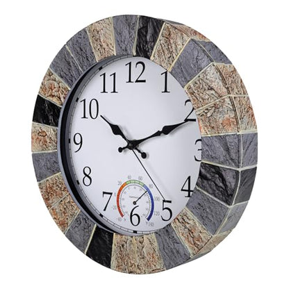 Outdoor Clock Waterproof with Thermometer, 13 Inch Silent Rustic Resin Wall Clock Weatherproof Decor for Patio Pool Garden Porch, Faux-Stone Brown