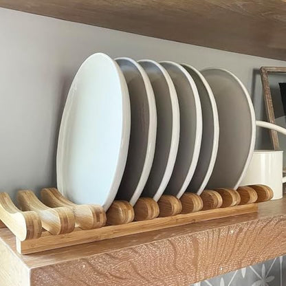 Bamboo Dish Drying Rack, 10 Slots Bamboo Cabinet Plate Stand Dish Drainer Wooden Plate Rack Pot Lid Holder Kitchen Dish Plate Storage Organizer for Countertop Cabinet