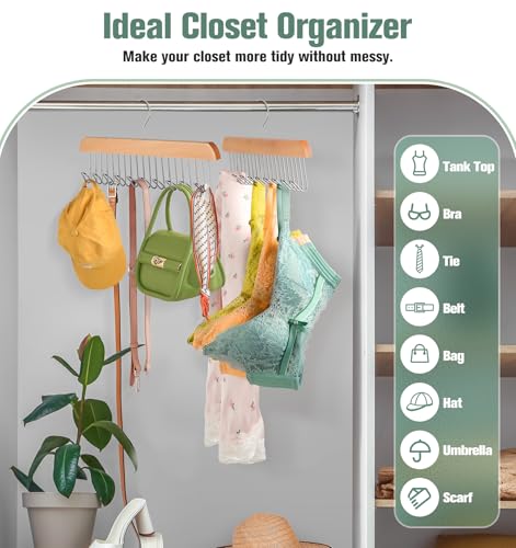 4 Pack Bra Hangers for Closet Organizer, Wood Tank Top Hangers Space Saving | Large Capacity Non-Slip Bra Organizer, Multi Hangers with 10 Hooks, Fits for Belt, Tie, Tank Top, Necklaces, Wooden Color