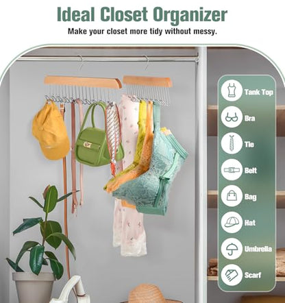 4 Pack Bra Hangers for Closet Organizer, Wood Tank Top Hangers Space Saving | Large Capacity Non-Slip Bra Organizer, Multi Hangers with 10 Hooks, Fits for Belt, Tie, Tank Top, Necklaces, Wooden Color