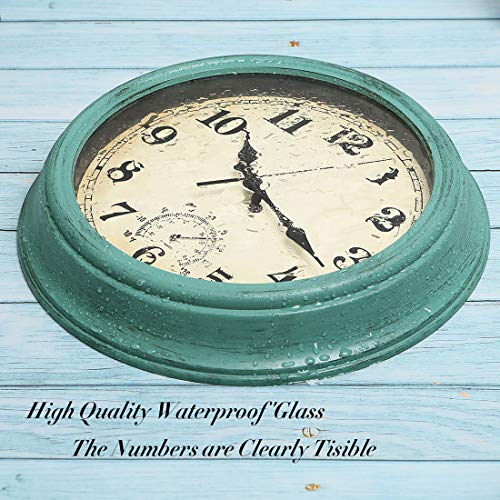 12 Inch Indoor/Outdoor Retro Waterproof Wall Clock with Thermometer,Vintage Battery Operated Silent Non Ticking Quartz Clock Wall Decorative for Kitchen/Bedroom/Living Room/Bathroom/Patio-Olive green