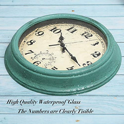 12 Inch Indoor/Outdoor Retro Waterproof Wall Clock with Thermometer,Vintage Battery Operated Silent Non Ticking Quartz Clock Wall Decorative for Kitchen/Bedroom/Living Room/Bathroom/Patio-Olive green