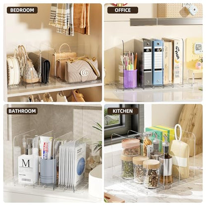 JOYZAN Stackable Purse Organizer for Closet, Adjustable Shelf Dividers for Closet Organizer Clear Acrylic Closet Purse Organizer Detachable Handbag Storage Separator Dividers for Home, Office - 4 Pack
