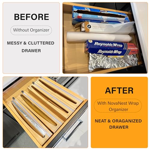 Wrap Organizer Dispenser with Cutter, (2 Piece Set), Fits 12" Rolls, Plastic Wrap, Aluminum Foil, Wax Paper, Saran Wrap, Cling Wrap Holder for Kitchen Storage, Mountable, Bamboo