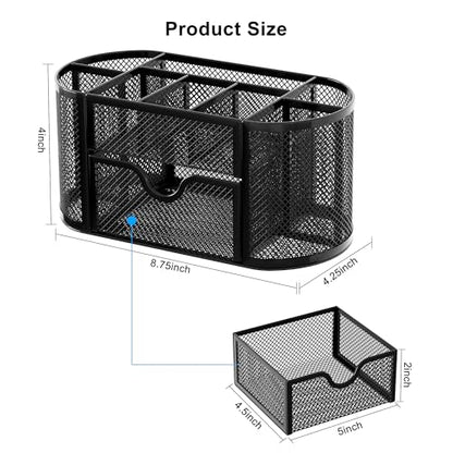 EasyPAG Mesh Pen Holder Desk Organizer with Drawer Stationery Supplies Organizer for Dorm School 9 Compartments Workspace Desk Accessories Organization for Office, Black