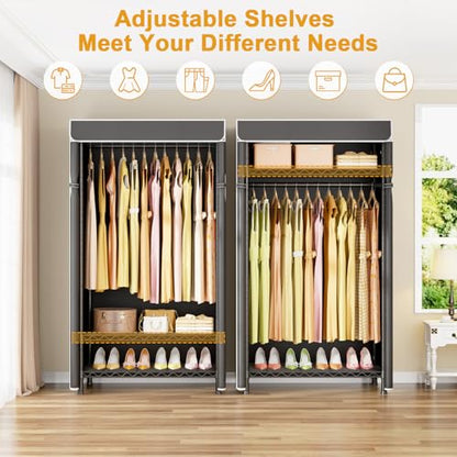 H5C Clothes Rack with Cover, Covered Clothing Rack Heavy Duty | Garment Rack with Shelves, 3-Tier Portable Closets for Hanging Clothes, Max Load 360LBS, Black Closet Racks with Black Cover