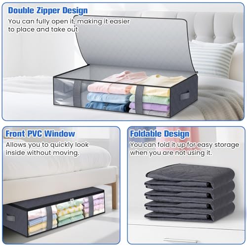 Under Bed Storage Containers, 4 Pack Blanket Storage Bags, Collapsible Storage Bags with Big Zippers, Clear Front, Shoe Storage and Organization for Clothes, Comforter, 60L, Grey