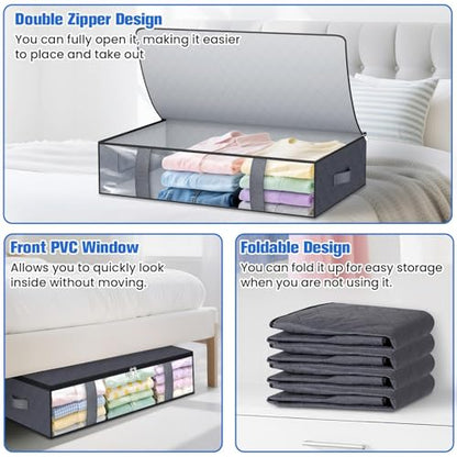 Under Bed Storage Containers, 4 Pack Blanket Storage Bags, Collapsible Storage Bags with Big Zippers, Clear Front, Shoe Storage and Organization for Clothes, Comforter, 60L, Grey
