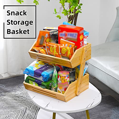 Fruit Basket, 2 Tier Bamboo Fruit Basket for Kitchen, 11" Tall Fruit Stand Storage Holder, Heavy Duty/Large Capacity for Vegetables, Fruit, and Snack, 15 mm Thickness (Self-assembly)