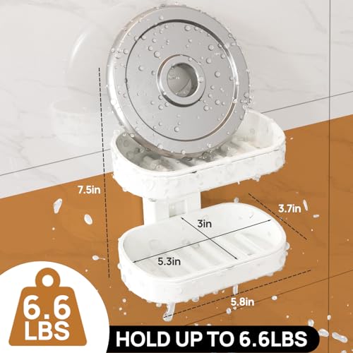 Soap Dish Holder for Shower, Double Layer Suction Cup Wall Mounte Self Draining Removable Waterproof Strong Suction Bar Soap Holder for Shower, White