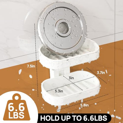 Soap Dish Holder for Shower, Double Layer Suction Cup Wall Mounte Self Draining Removable Waterproof Strong Suction Bar Soap Holder for Shower, White