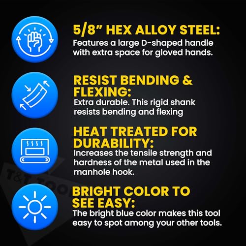 T&T Tools 36-Inch Manhole Cover Hook Tool - 5/8 Inch, Single Hook - 1 Pack | Hex Alloy Steel Construction, Heat Treated, Heavy Duty Lifting, Septic Tank Lids, Grates, Storm Drains, Pallet Pulling, Blue