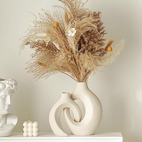 Snuggle Hollow Ceramic Vase Set of 2 Boho Home Table Decor Vase | Modern Nordic Aesthetic Pampas Grass Flower Vases for coffee Centerpiece Living Room Decorative Milky White W6.3" X H8.4"