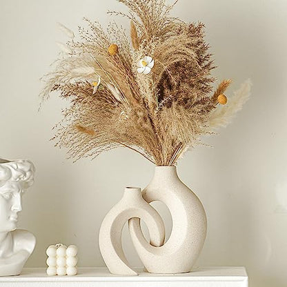 Snuggle Hollow Ceramic Vase Set of 2 Boho Home Table Decor Vase | Modern Nordic Aesthetic Pampas Grass Flower Vases for coffee Centerpiece Living Room Decorative Milky White W6.3" X H8.4"