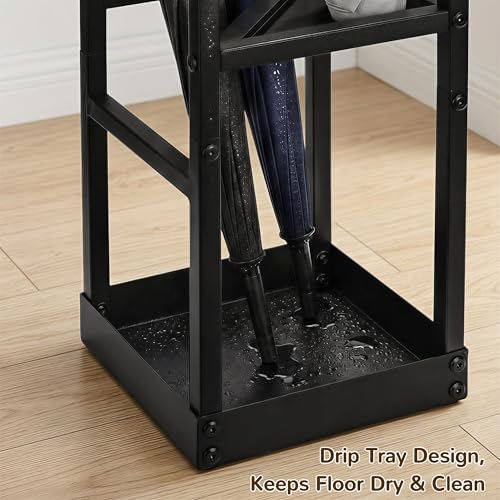 Umbrella Stand for Entryway Metal Geometric Freestanding Umbrella Holder or Cane Holder with Shelf for Small Umbrellas and Bottom Drip Tray, Black