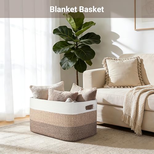 75L Large Woven Storage Basket, Cotton Rope Laundry Hamper with Handles, 22”x17”x12” Rectangle Blanket Basket for Toys, Clothes, Pillows, Nursery and Living Room, Gradient Brown/White