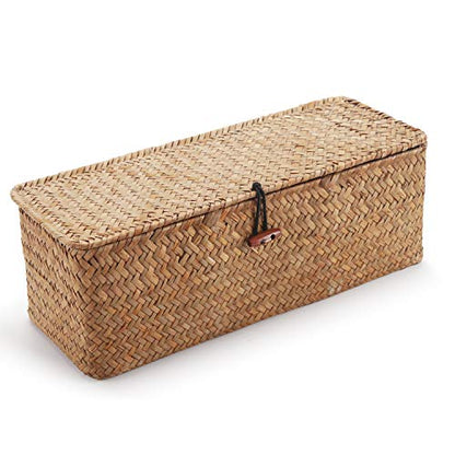 Seagrass Storage Basket with Lid Rectangular Small Woven Shelf Baskets with Sections for Organize Snack Toys Tampon