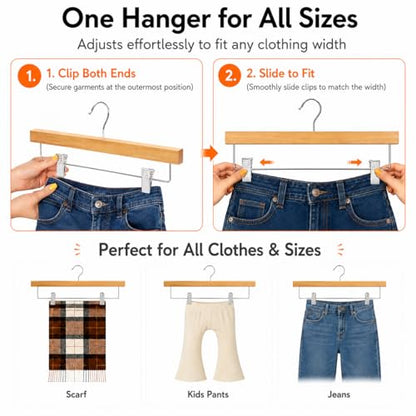 HOUSE DAY Wooden Pants Hangers with Clips, 10 Pack Skirt Hangers, Natural | 14-Inch Wood Hangers with Adjustable Non-Slip Metal Clips & 360° Swivel Hooks, Heavy Duty for Jeans, Slacks, Trousers, Shorts