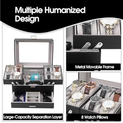 Watch Box, Watch Case for Men, 8 Slot Watch Display Case, 3 Layers Large Sunglass Storage Organizer for Watch, Ring, Jewelry, Gift Idea, PU Leather (Black)