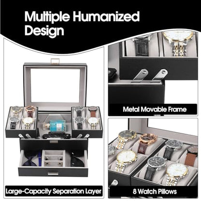 Watch Box, Watch Case for Men, 8 Slot Watch Display Case, 3 Layers Large Sunglass Storage Organizer for Watch, Ring, Jewelry, Gift Idea, PU Leather (Black)