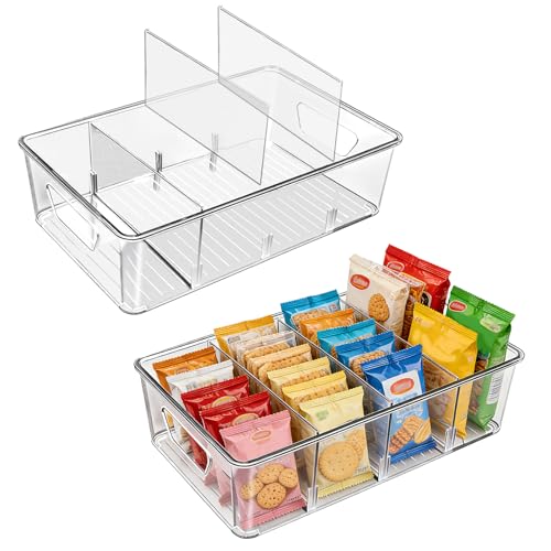Stackable 4-Compartment Pantry Organizers and Storage, Clear Plastic Storage Bins with Removable Dividers Suitable for Pantry, Office, Kitchen, Cabinet & Fridge Organization, 2-Pack