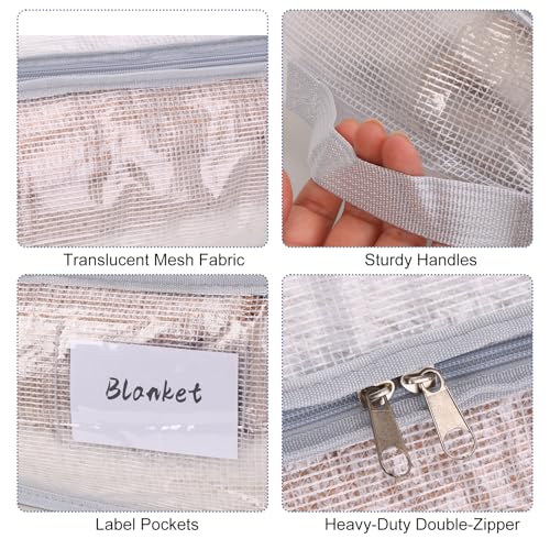 Under Bed Storage Containers 4 Pack 90L Mesh Clear for Blankets Clothes | Waterproof Clear Mesh Fabric, Sturdy Handles, Zippered Closure, for Blankets Clothing Sweaters Pillows Linens and Sheets