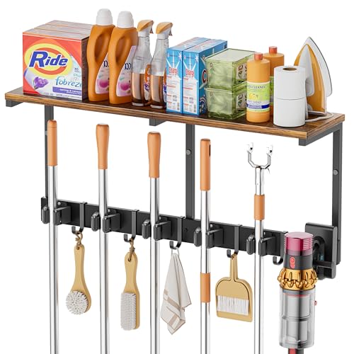 Broom Holder Wall Mount with Cleaning Supplies Org... (black | Metal, Wood)