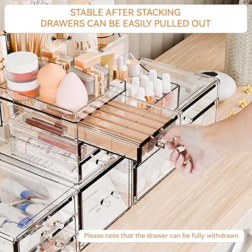 3 Pack Clear Makeup Organizer Countertop for Dresser,Vanity and Bathroom Counter Organizer,Tiered Stackable Makeup Acrylic Organizers with 9 Drawer for Skincare,Brush and Make up Holders