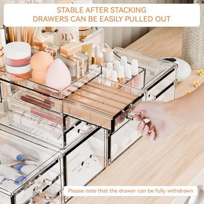 3 Pack Clear Makeup Organizer Countertop for Dresser,Vanity and Bathroom Counter Organizer,Tiered Stackable Makeup Acrylic Organizers with 9 Drawer for Skincare,Brush and Make up Holders