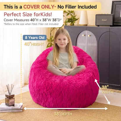 Hot Pink fluffy bean bag chair covers (No Filler), comfy Plush Hot Pink bean bag chair Cover for bedroom, stuffed animal Storage, kids adults teens girls bean bag chairs, Anti-Slip