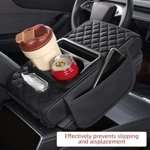5 in 1 Nappa Leather Console Armrest Cover, Black | Built-in cup holder, tissue slot, phone holder & 2 storage pockets, practical car accessories fit SUV sedan truck