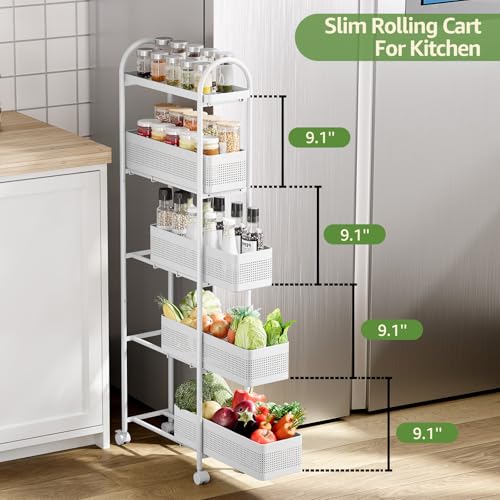 KINGRACK 5 Tier Slim Rolling Cart with Drawer, Metal Utility Storage Cart | 4 Pull-out Baskets, Lockable Wheels, Narrow Space Trolley Organizer for Bathroom, Kitchen, Office, Dorm, Laundry Room, White