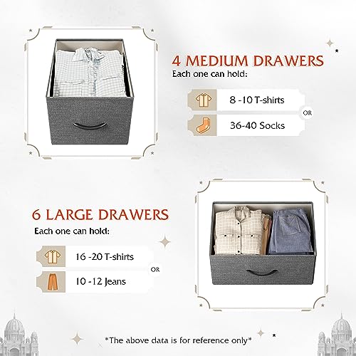 WLIVE 10 Drawer Fabric Dresser Bedroom Tall Storage Tower, Dark Grey | 10-drawer fabric storage tower with wood top, thickened steel frame, perfect for bedroom closet living room organization