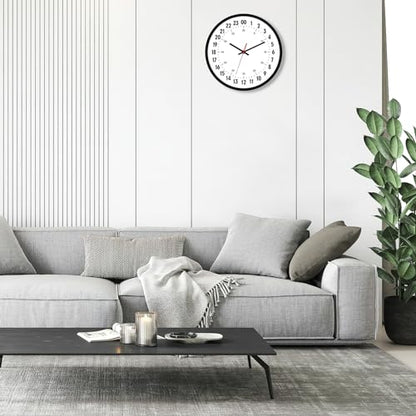 Foxtop 24 Hour Wall Clock, Battery Operated Analog Clock, 12" Black | Silent Non-Ticking, Military Time Clock, Round, for Classroom School Office Bathroom Living Room Bedroom Home, Easy to Read