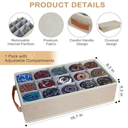 Belt Organizer for Closet, Tie Storage Organizer Bins with 15 Compartments Drawer Organizer, Linen Closet Organizers Storage Box for Socks, Bras, Briefs, Ties, Belts
