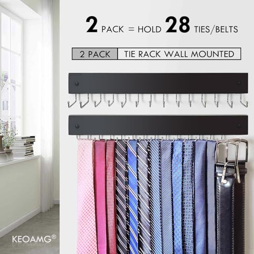 2-Pack Tie Rack Wall Mounted, Belt Hanger, Tie Organizer for Closet | Wooden Tie and Belt Organizer, 28 Folding Hooks, Space Saving Tie Holder, Durable Belt Rack for Closet Wall Mount, Black