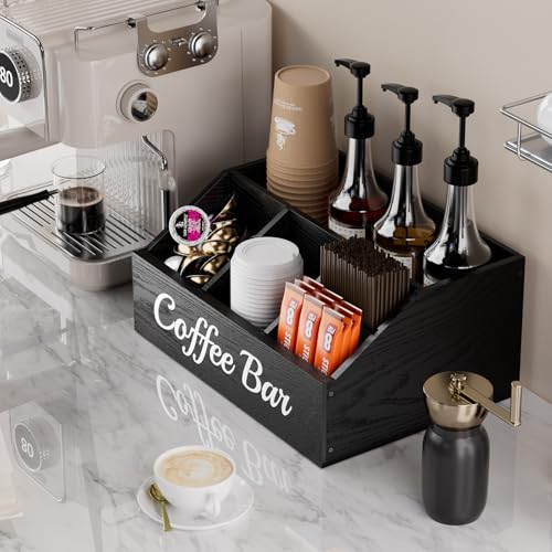 Coffee Station Organizer for Countertop – Wooden Coffee Bar Organizer with Adjustable Dividers,Holds K Cup Pod & syrup bottles, for Kitchen, Office, or Bar and Tea Station, Black