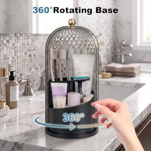 Toothbrush Holders with Sliding Lid, Rotating 3 Slots Bathroom Organizer Countertop, Tooth Brush Toothpaste Holder Bathroom Counter Stand Caddy for Vanity Makeup Brushes Holder (Black)