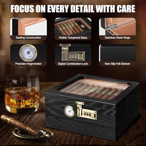Tesonway Cigar Humidor, Cedar Wood Humidor Cigar Box, Glass Top Desktop Humidor with Front Hygrometer, Humidifier, Divider, Accessories Drawer and Combination Lock, Cigar Gifts for Men (Black)