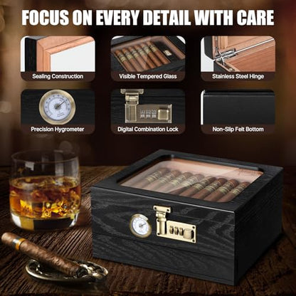 Tesonway Cigar Humidor, Cedar Wood Humidor Cigar Box, Glass Top Desktop Humidor with Front Hygrometer, Humidifier, Divider, Accessories Drawer and Combination Lock, Cigar Gifts for Men (Black)
