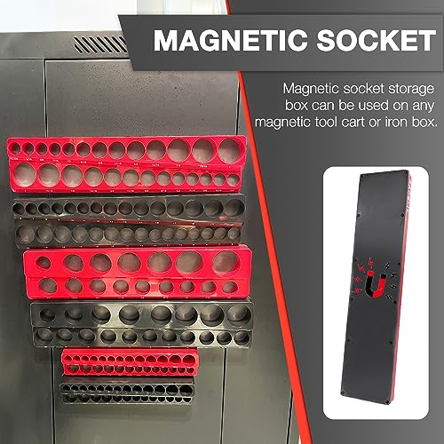 EACELIY Magnetic Socket Organizer Set, 1/2", 1/4" and 3/8" SAE & Metric Deep & Shallow Socket Holder Kit, holds 141 stanard Sockets, attaches to steel box/tool cart (sockets not included) 丨6PCS