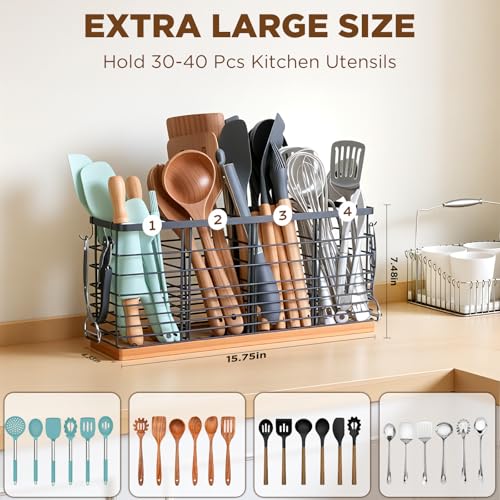 Nigelia 4 Compartments Extra Large Kitchen Utensil Holder with Wooden Base, Metal Organizer for Kitchen Countertop, Matte Black Cooking Utensils Holder with 4 Hooks for Tools Storage