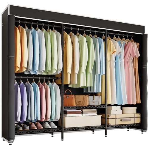 Higeego H8 Heavy Duty Clothes Rack with Cover, Black Portable Closet | Garment Rack with Cover, Clothing Rack for Hanging Clothes, Black Closet Rack with Oxford Dustproof Cover, Closet Organizer