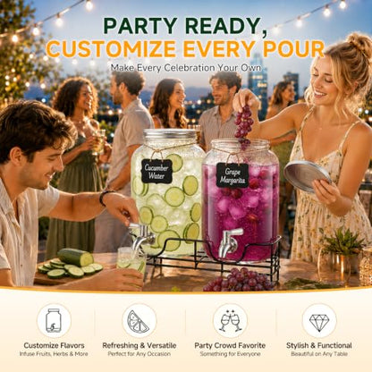 2 PCS 1 Gallon Glass Drink Dispensers for Parties with Stand & Fruit Infuser，Beverage Dispenser for Lemonade, Water, Juice, Iced Tea & Cocktail, Laundry Detergent Dispenser