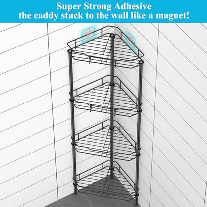 4 Tier Floor Standing Corner Shower Caddy Organizer Shelf with Hooks, Bathroom Shelves Stand Rack, Black | Adhesive Bathroom Organizer Shelves, Free Standing Shower Rack with Hooks, Hold Large Shampoo Bottles
