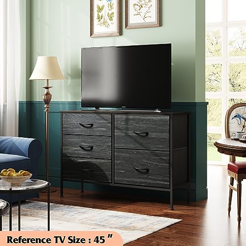 WLIVE Black Dresser for Bedroom, 5 Fabric Chest of Drawers | Black 5-drawer wide fabric dresser with steel frame, modern storage for bedroom living room home closet