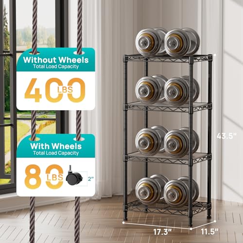4 Small Shelves Storage Shelf Wire Shelving Unit Metal Shelf Adjustable Organizers Storage Shelving with Wheels for Bathroom Laundry Room Kitchen Pantry11.5”D x 17.3”W x 44.5”H Black