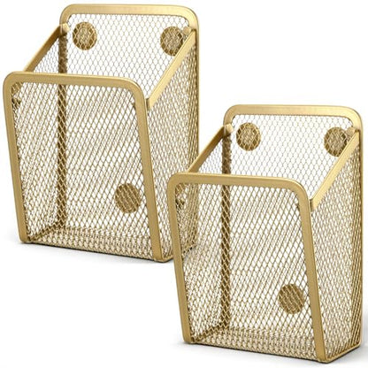 2 Pcs Large Magnetic Pencil Holder Mesh Stainless Steel Pen Basket Magnetic Pen Cups Storage Organizer for Fridge Whiteboard Blackboard Kitchen Refrigerator Locker Home Office School(Gold)